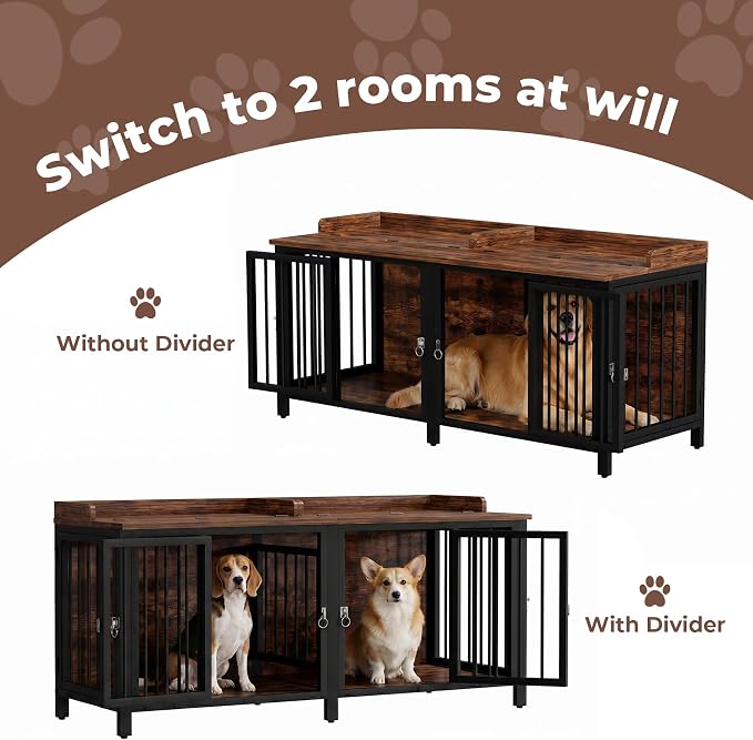 BOINN 63" Heavy Duty Dog Crate Furniture with 4 Doors, Removable Divider & Openable Top, Indoor Dog Kennel with Raised Edge Tabletop, Double Dog Cage for Medium Large Dogs, Decorative Pet Crate