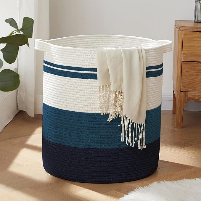 OIAHOMY 80L Laundry Baskets Hamper with Handles,Decorative Basket for Living room,Woven Storage Basket for Toys Bin,Pillows, Blankets,Clothes-20x18in-Gradient Blue | Tall Dirty Clothes Hamper with Handle,Blanket Basket,Decorative Basket for Living Room...