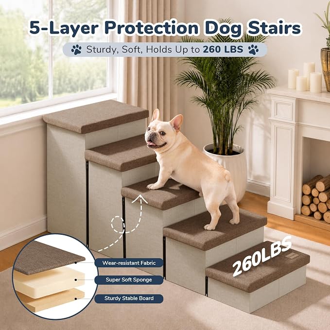 5-Step Wide Dog Stairs with Storage 23" H, Non-Slip Sturdy Pet Steps for High Bed Window, Pet Stairs for Small/Medium/Large Old Dogs Cats Up to 220lbs, Cat Dog Steps for Car, Beige&Brown Lid