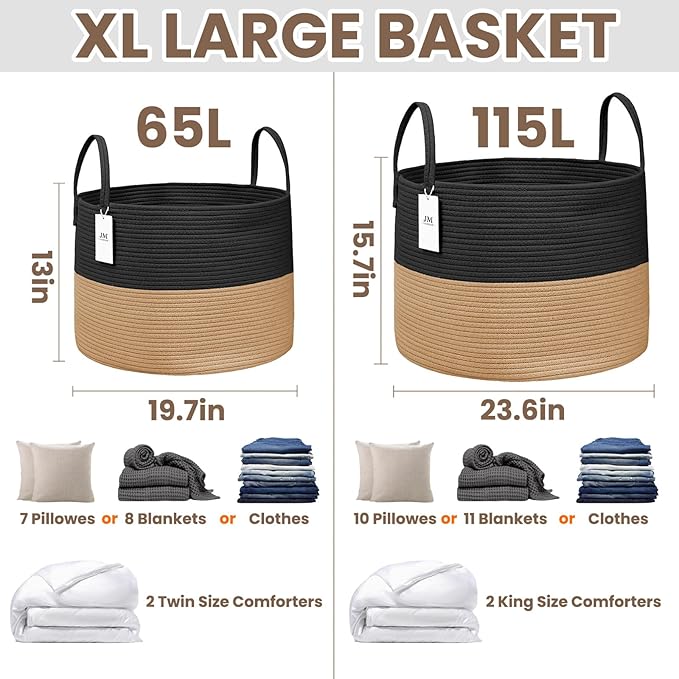 JMvicyroam 115L Extra Large Machine Washable Cotton Rope Blanket Basket | Collapsible laundry hamper, Reinforced handles, For blankets, pillows, toys and clothes, Living room and bedroom, Black&Jute