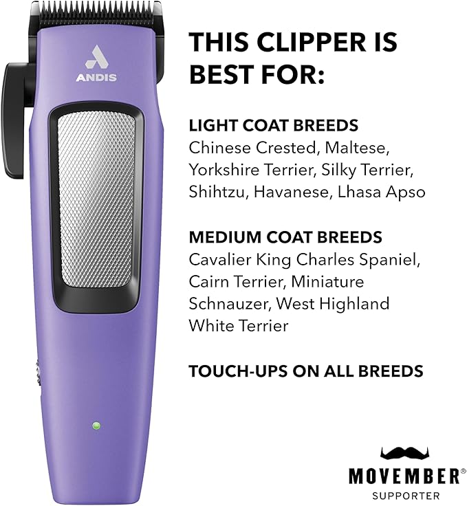 Andis Easy Clip Adjustable Blade Cordless II Dog Clipper, 10 Piece Kit, Lithium-Ion Battery, Purple, 560017
