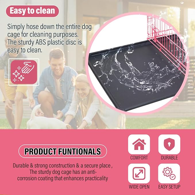 Dog Crate 36" Metal Wire Dog Cage Double Door Folding Dog Kennel with Divider Panel, Leak-Proof Plastic Pan, Foldable Travel Pet Crate for Small Medium Breed Dogs Animals,Pink