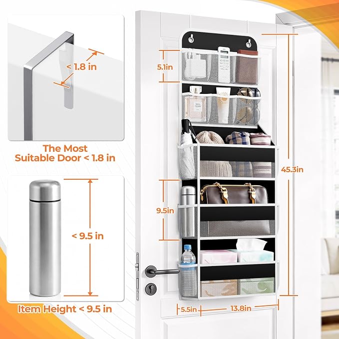 SpaceHacks 5-Tier Over the Door Organizer with Mesh Pockets, Baby Nursery Storage for Closet, Bathroom and Bedroom, Adjustable Hanging Closet Organizer for Cosmetics, Books and Essentials (Black)