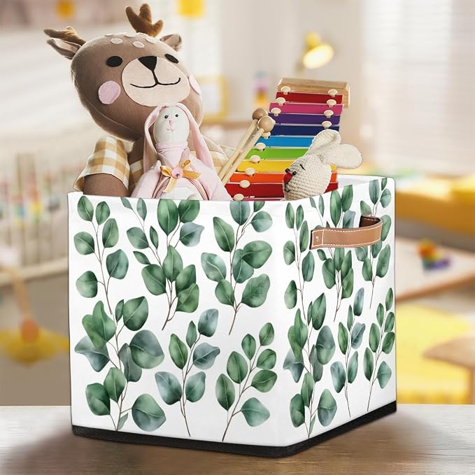 Eucalyptus Cube Storage Bin, 13 Inch Collapsible Fabric Storage Cubes Bin, Eucalyptus Leaves Foldable Cube Baskets for Shelf, Closet, Organizer