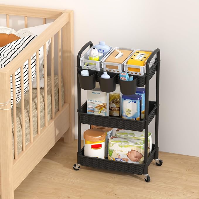 MOYIPIN 3-Tier Plastic Rolling Utility Cart with Handle,Utility Storage Cart for Office, Living Room, Kitchen,Movable Storage Organizer Shelves,Black with 3 Hanging Cups