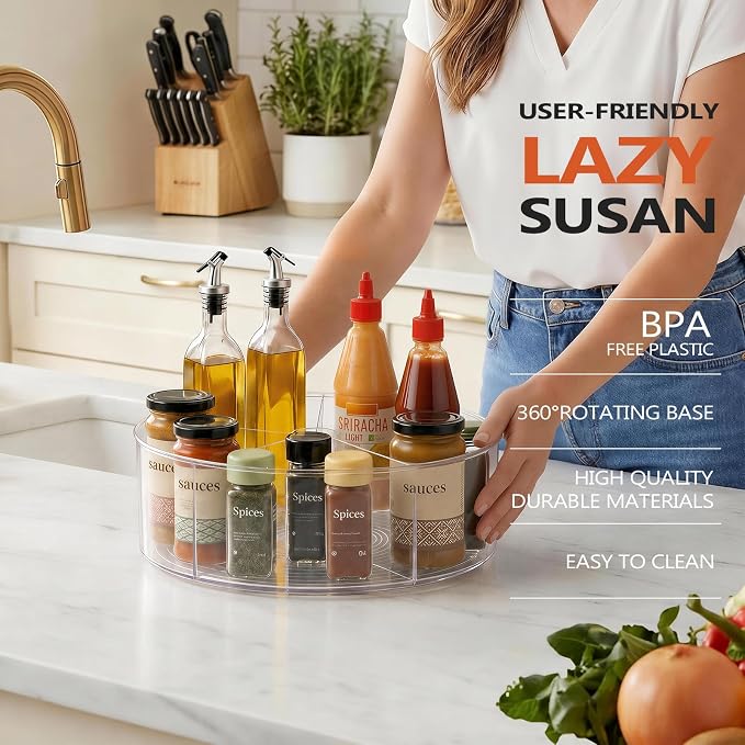 Divided Lazy Susan Turntable Organizer, 11.5" Clear Round Lazy Susan | Rotating Turntable Organizer, Plastic Lazy Susan Turntable, Rotating Storage Container Tray for Pantry, Fridge and Kitchen