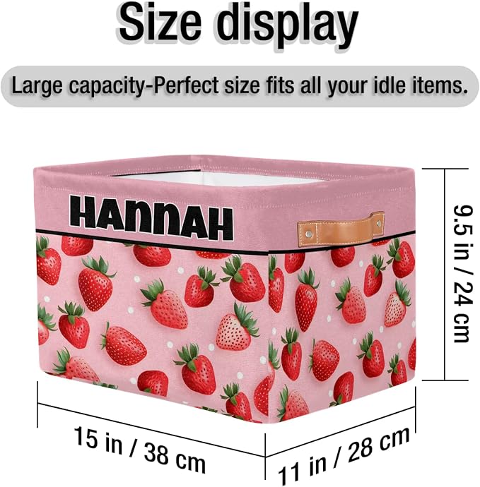 Custom Name Storage Bin, Personalized Rectangular Storage Basket with Handles for Organizing Girls Toys Office Closet Shelf Baskets Fruit Strawberry Pink Background