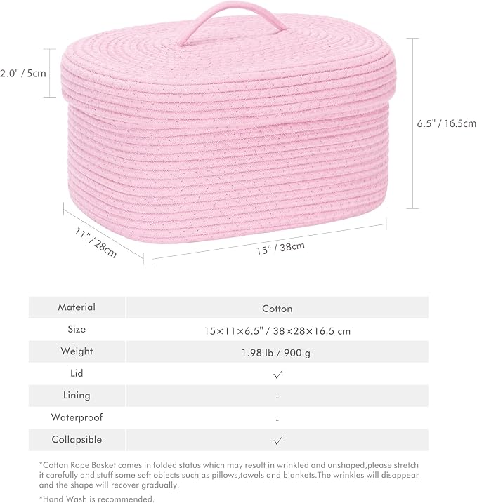 Sea Team Oval Storage Basket, Woven Cotton Rope Basket with Lid, Pink | Decorative Knitted Storage Bin, Multi-Purpose Lidded Organizer for Closet Shelves, Nursery and Household Storage