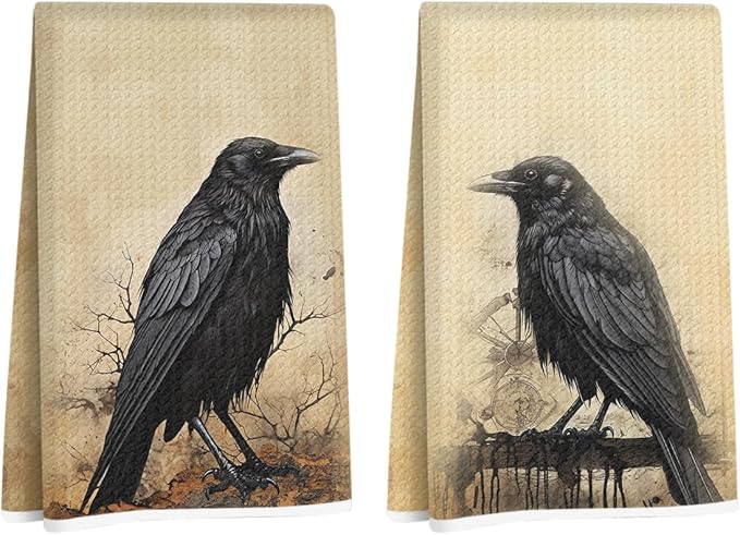Hanamiya Na 2Pcs Vintage Raven Kitchen Towels, Dark Aesthetic Decorative Absorbent Microfiber Dish Cloth Tea Towel, Durable Hand Towels for Farmhouse Home Bathroom Kitchen, Crow Gifts