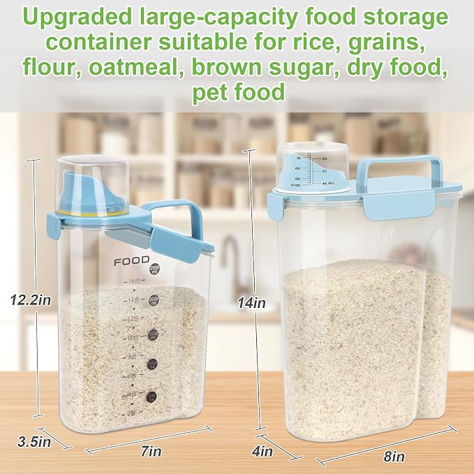 LEAWALK Airtight Rice Storage Container, Cereal Dry Food Flour and Sugar Bin, Dog Cat Food Dispenser with Measuring Cup, BPA Free Clear Plastic Kitchen (Sky blue, 5L-1pack)
