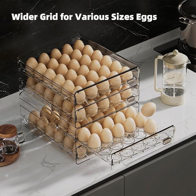 HIYOHIYO Clear 60 Grid Egg Organizer for Refrigerator with Drawers, 2-Tier | Large Capacity with Time Scale Marking | Sturdy Egg Storage for Fridge | Stackable Eggs Container for Fridge and Countertop