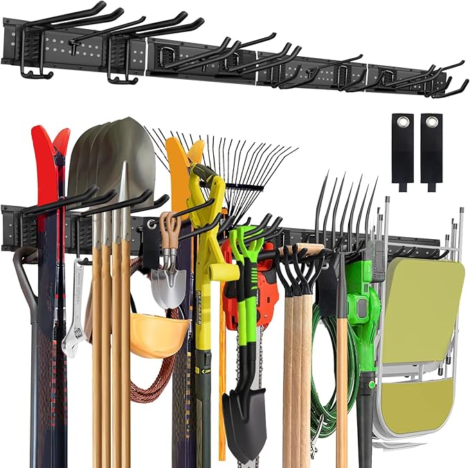 Garage Tool Organizer Wall Mount, 64in Tool Rack, 560LBS Capacity | Thick Steel, 12 Hooks in 4 Types, Rustproof Waterproof, Soft Anti-Scratch Hooks, With Storage Straps, For Garden Tool Storage