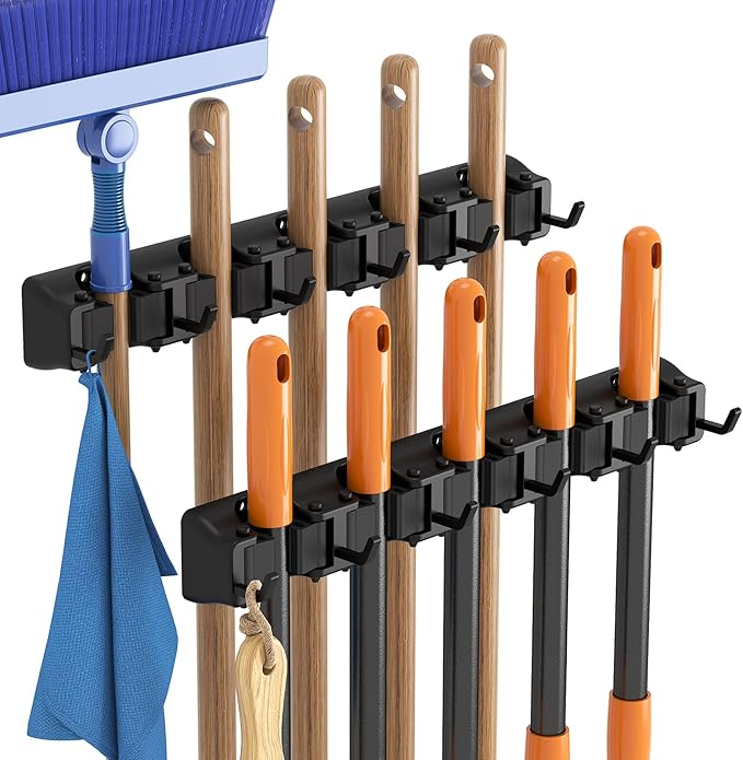 Lifewit Mop and Broom Holder Organizer Wall Hanging Mount, Black, 2 Pack | Anti-Slip Broom Storage for Cleaning Organizer, Easy Install Tool Hanging Rack with 5 slots & 6 hooks for Kitchen, Garage
