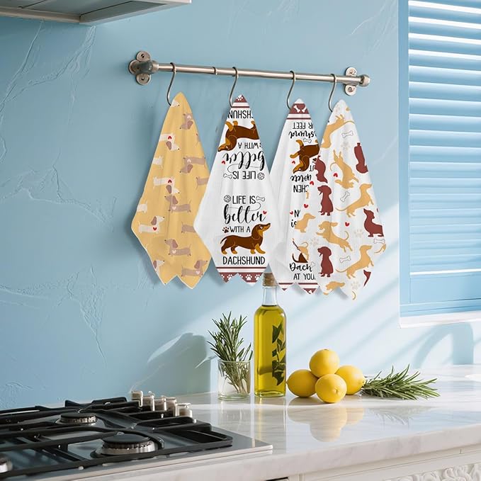 4 Pcs Funny Dachshund Kitchen Towels 24x14 Inch, Dachshund Gifts Reusable Dish Towels for Kitchen Bathroom Decor, Waffle Weave Hand Cloth Tea Towel, Cute Weiner Dog Gifts for Women Mom Friend