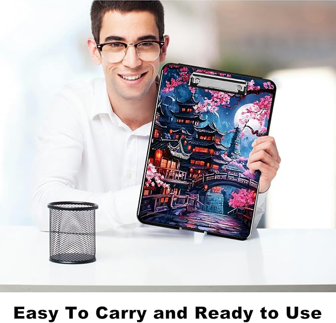 Cherry Blossom House A4 Clipboard with Storage Pen Holder, Clipboards Organizer Nursing Clipboard Foldable File Folder Plastic Clipboard Folio Clip Board for Office Students Classroom
