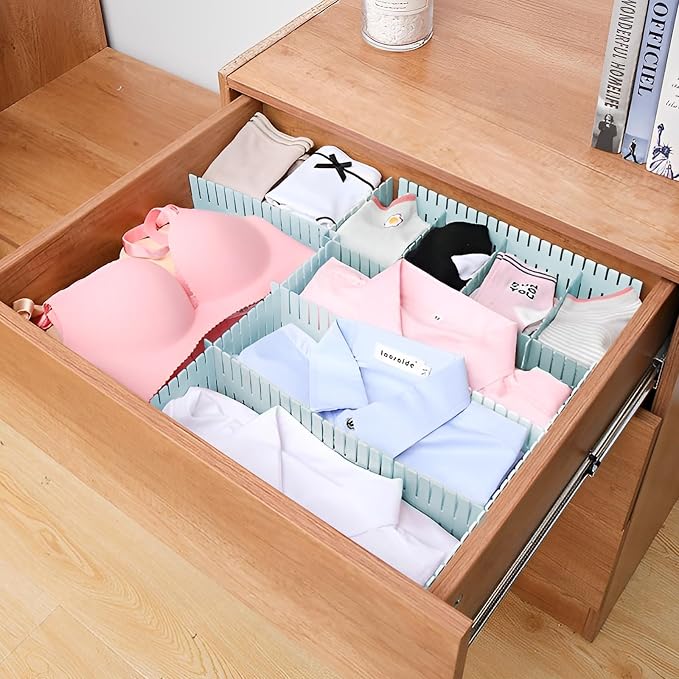 JEPELUS 8Pcs Adjustable Drawer Dividers, Drawer Separators Kitchen | 14.5x2.7In, Blue, Plastic, Drawer Divider for Bathroom Office Nursery, Baby Clothes Dresser Sock Underwear Makeup Storage
