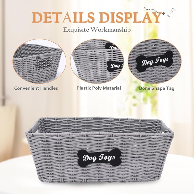 Dog Toy Basket, 2pcs Dogs Toy Bin,Dog Toy Box for Living Room Area, Handmade Poly Wicker Baskets for Pet Toys Blanket Collar Snack-Grey ﻿