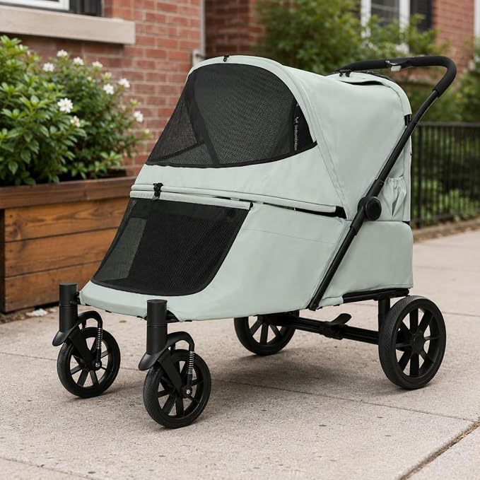 Outdoor Transport Cart Pet Folding Enclosure Steel Carrier Mesh Ventilated Window Easy Entry Four Wheels Suitable for Pet Walks Shopping, Light Green, Light Green