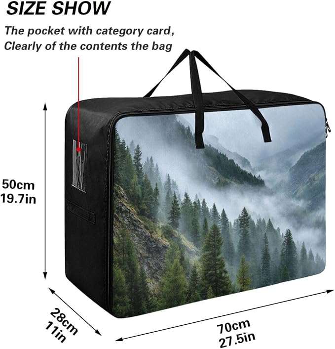 Comforter Storage Bags Large Folding Blanket Organizer Bag with Strong Handles Clear Window Closet Storage Containers for Clothes King Queen Pillows Bedding Quilt Duvet Green Tree Forest Fog