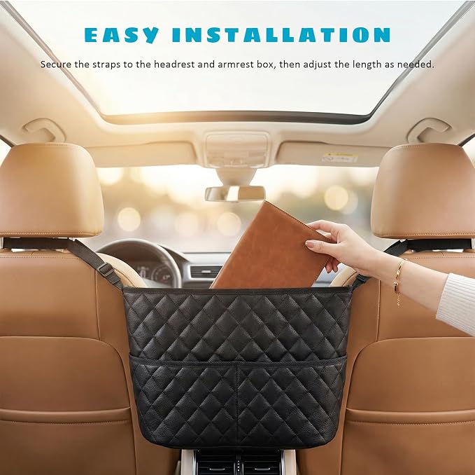 Car Purse Holder Between Seats, Large Capacity PU Leather Auto Front Seat Storage Bag with 2 Extra Pockets, Universal Handbag Organizer Backseat Pet Barrier for SUV Truck RV