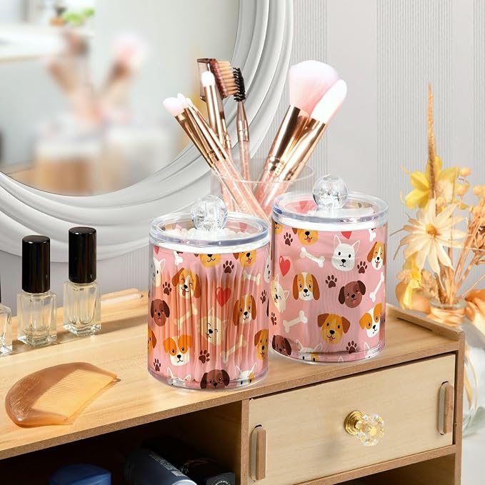2 Pack Plastic Cotton Swab Ball Pad Holder Pets Dogs Pink Pattern Jars Bathroom Storage Organizer Holder Canisters with Lid for Hair Accessories Cotton Ball Pads Hair Clips