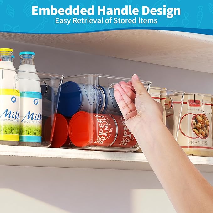 Clear Fridge Organizer Bins with Handles, 4 Pack Large 11.5×7.5×6 Inch | Clear pantry food storage bins with handles, ideal for kitchen, countertops, cabinets, fridge and freezer