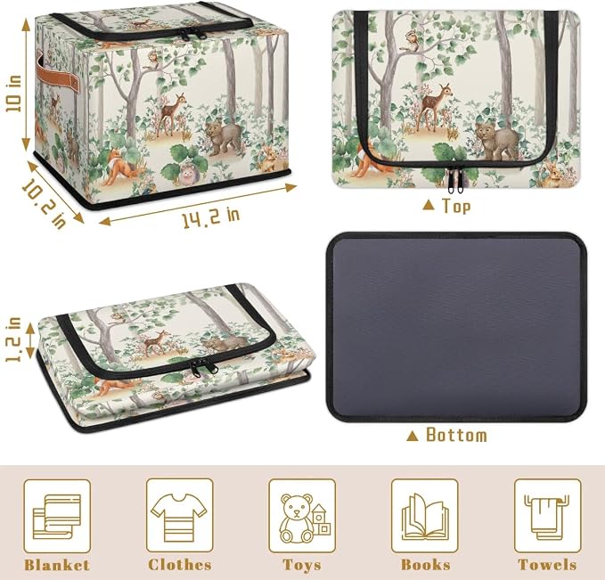 Woodland Wildlife Storage Basket - Cute Animals Party Bin Collapsible Organizer with Zipper Lid, Kid Rectangular Decorative Box with Handles, Nursery Toy Organization for Kids Bedroom Decor, 24L