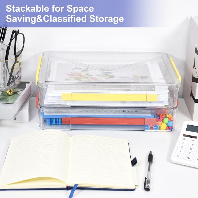 Marte Vanci Plastic Storage Bin with Lid Portable Project Case with Handle Clear Storage Box Transparent File Document Protector Stackable Container for A4 Letter Paper Photo Crafts Scrapbook