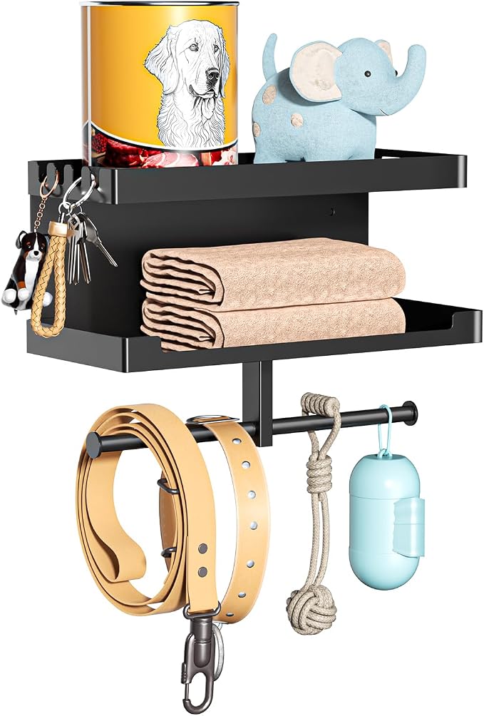 Dog Leash Holder for Wall, Leashes Hanger, Wall Mounted Dog Stuff Storage and Organizer, Metal Key Holder Pet Leash Hooks for Leashes, Training Treats, Chew Toys, Keys, Large (Black)