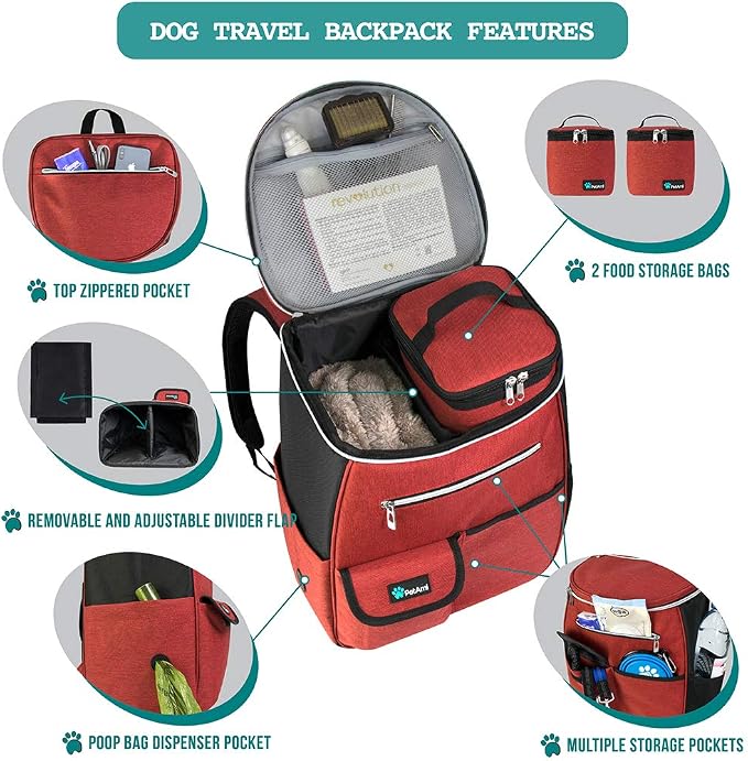 PetAmi Dog Travel Backpack 27L Airline Approved Pet Supplies Bag, Red | Cat Traveling Suitcase Organizer for Weekend Road Trip Camping; 2 Food Containers, 2 Collapsible Bowls & Poop Bag Dispenser