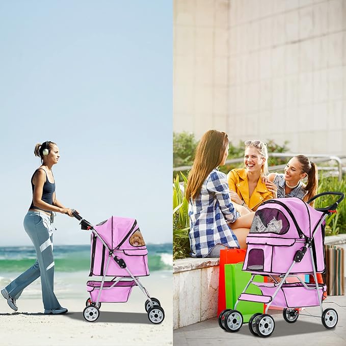Best 4 Wheels Pet Stroller for Dog and Cat Stroller, Lightweight and Foldable Carrier Strolling Cart W/Cup Holders Removable Liner for Small and Medium Dog Cat or Pet - Pink