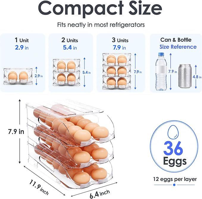 SMRCAD 36-Egg Dispenser with Silicone Bumpers, Auto-Rolling, Stackable | BPA-free food-grade PET | Stackable with lid | Built-in handle | Fits Large to Jumbo Eggs | Hand wash only