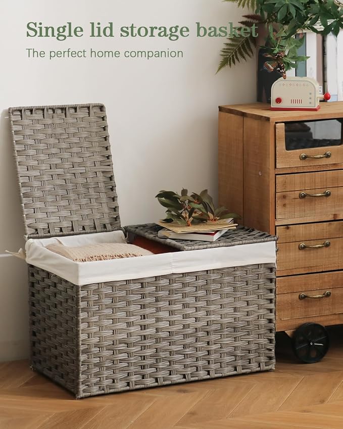SETVSON Storage Basket with Lid PE Rattan 27.8 Gal Wicker Chest, Gray | 105L Woven Wicker Baskets with 2 Separate Lids, 2 Removable, washable linings, Sturdy Iron Frame, 25.2 x 15.4 x 16.1 Inches