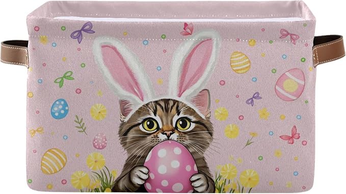 Pink Easter Bunny Rabbit Storage Basket with Waterproof Liner and PU Handles Happy Easter Day Eggs Lily Flowers Storage Bins Boxes 14.2" Collapsible Decorative Organizer Baskets for Closet 1 Pack