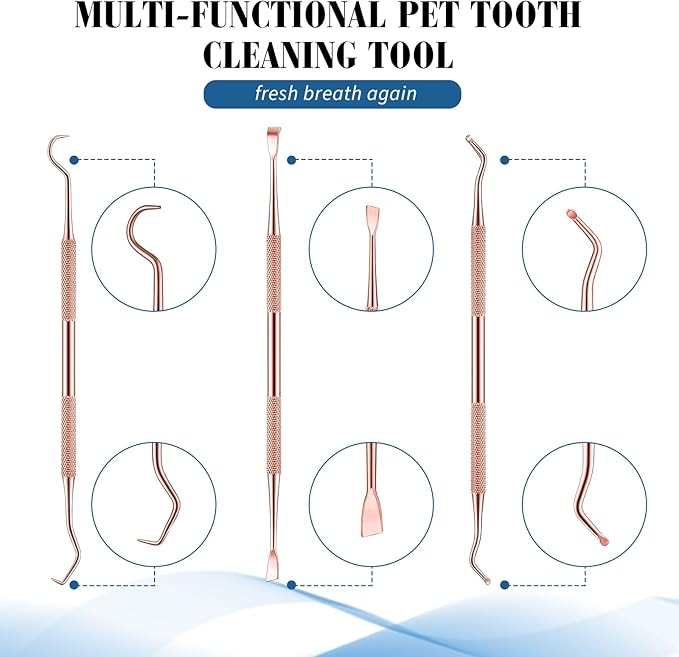 Hotop 3 Pieces Dog Dental Tooth Scaler and Scraper Stainless Double Headed Tarter Removing Tool Scraper Pet Teeth Cleaning Tools for Dog and Cat (Rose Gold)