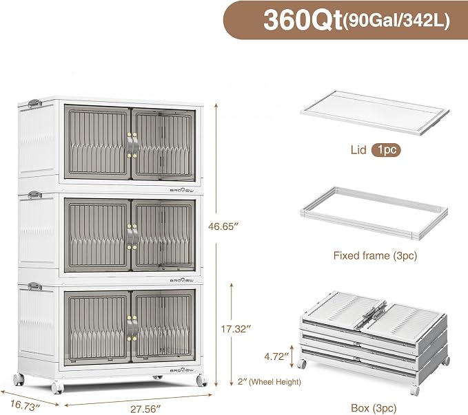 BROVIEW 360Qt Stackable Storage Bins with Lid for Home Dorm, 3Pack White | Closet Organizers, Foldable & Collapsible Cabinets, Large Containers, Wheels & Magnetic Doors, Plastic Drawers for School
