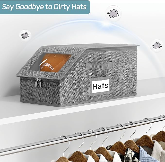 AOODA 3 Pack Stackable Hat Storage Box for Baseball Caps, Holds 36 Caps | Hat Organizer for Closet, Sturdy Hat Boxes for Men, with Cardboard, Space-Saving, Slate Grey