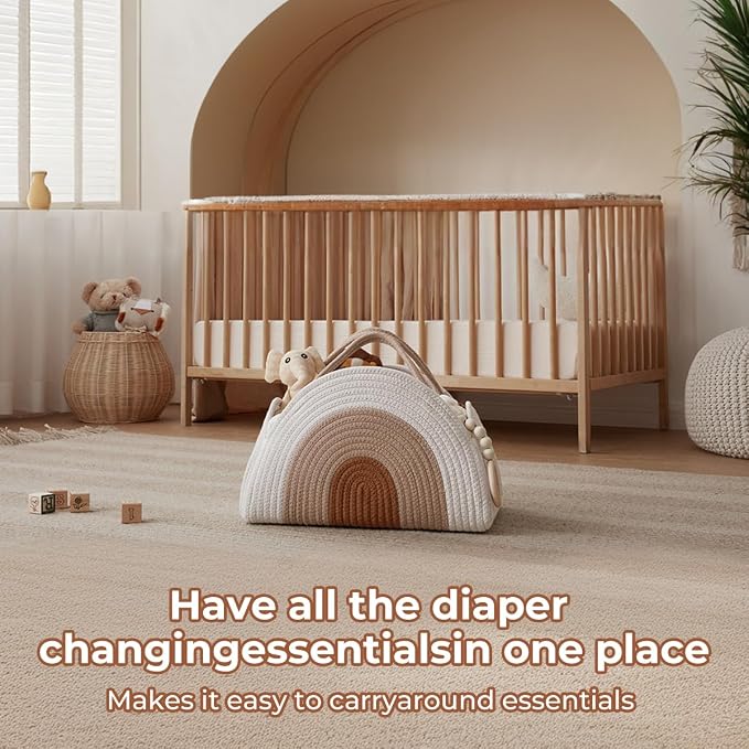 Lmbabter Baby Diaper Caddy Cotton Rope Diaper Organizer Basket Rainbow Theme Nursery Storage Bin Daypack Car Travel (Pink Rainbow)