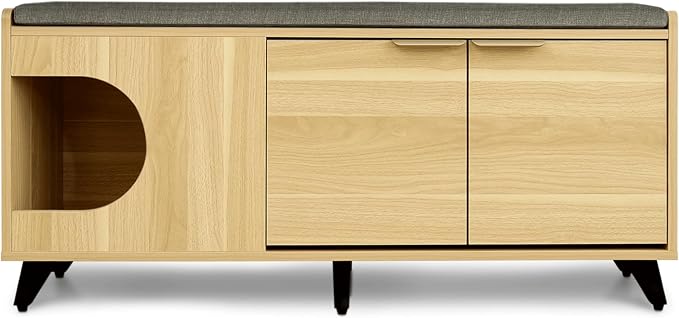 4 Cats & Dogs Tucker Shoe Cabinet – Multi-Functional Crate with Cushioned Bench Seat, Pet Nook & Hidden Cat Litter Box Storage, Modern Hallway Furniture 43” x 14” x 20” - Oak