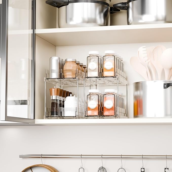 2 Tier Sliding Spice Racks for Cabinets,2 Pack 10.4'' Deep Narrow Vertical Spice Rack Pull Out for Inside Cabinets,Kitchen,Pantry,Cupboard Seasoning,Jar Organizer and Medicine Cabinet Storage