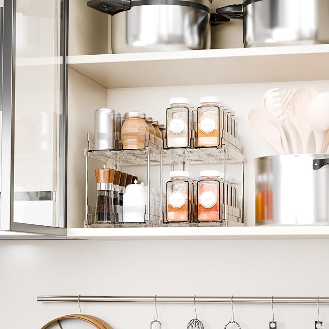 2 Tier Sliding Spice Racks for Cabinets,1 Pack 10.4'' Deep Narrow Vertical Spice Rack Pull Out for Inside Cabinets,Kitchen,Pantry,Cupboard Seasoning,Jar Organizer and Medicine Cabinet Storage