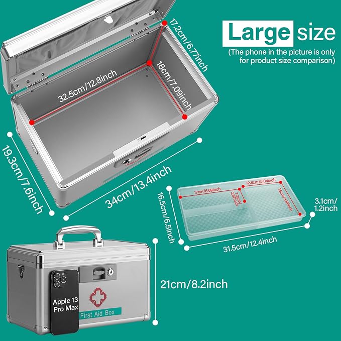 Medicine Storage Box with Key for Safe Medication - 13.4 x 7.6 x 8.2 Inches - Empty Lockable First Aid Box Organizer Container for Drugs for Home, Dorm, Office, Outdoor (Silver/Large)