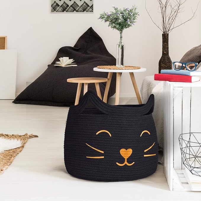 Large Woven Rope Cat Toy Basket with Cat Face Design, Black | 15.7" x 11.8" Toy Bin & Box for Living Room Nursery, Boho Storage Basket for Towels, Blankets, with Sturdy Handles
