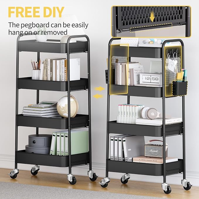 TOOLF 4 Tier Rolling Cart, Metal Utility Storage Cart with Pegboard, Black | 2 Bins & 4 Hooks, Screwless Assembly, Lockable Wheels, Trolley Organizer for Bathroom, Kitchen, Office, Dorm, Craft Room