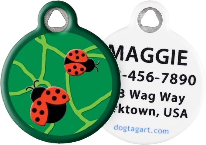 Beetlemania Lupine Pattern Personalized Pet ID Tag for Dogs and Cats, Silent Polymer Coated Ladybug Nametag with Customized Identification Information - Large 1.25" Diameter