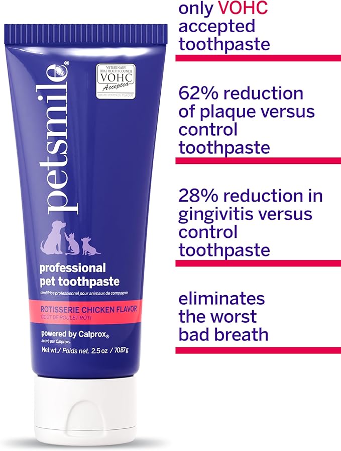 Petsmile Professional Pet Teeth Brushing Kit for Cats & Dogs - VOHC Accepted Toothpaste & Patented Toothbrush - Proven to Control Plaque & Tartar Calprox Formula (Rotisserie Chicken, 2.5 Oz)
