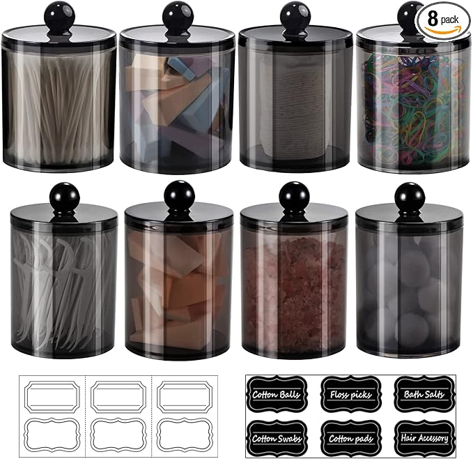 SheeChung 8 Pack Black Qtip Holder,Acrylic Apothecary Jars with Lids | 12 Labels - (4) 10oz & (4) 12oz Plastic Canisters Bathroom Storage Set for Cotton Swabs, Balls, Pads, Floss Picks