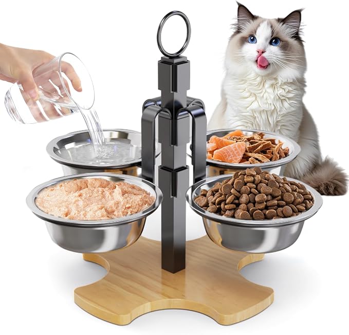 Elevated Cat Bowls 3 Adjustable Height 4 Stainless Steel Cats&Dogs | Pet Elevated Raised Cat Food and Water Bowls 3 Adjustable Heights 4 Stainless Steel Bowls for Indoor Cats Small Dogs