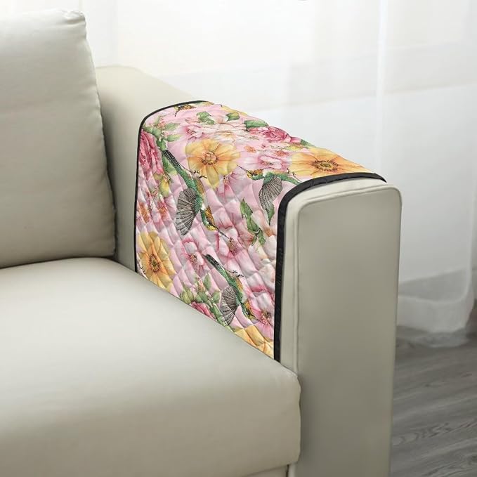 Hummingbird Pattern Sofa Armrest Covers Non-Slip Arm Rest Covers Washable Couch Arm Cover with 2 Pockets Dustproof Furniture Protector for Living Room Decoration