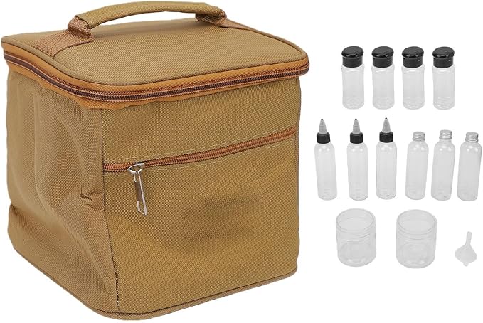 Portable seasoning bottle set 15 pieces with Oxford cloth organizer bag | Condiment Containers for Travel, Picnic, BBQ, Hiking, PET Material, Secure Seal, Screw Lids, Leak-, Khaki Color